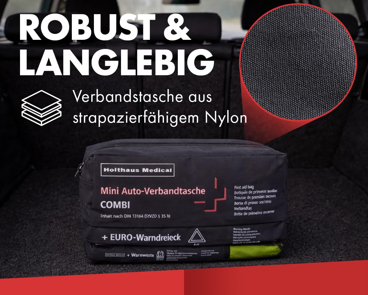 2EXTREME Mini Auto Verbandskasten DIN13164-3in1 mit Warndreieck und Warnweste für KFZ Motorrad Roller Quad Made in Germany