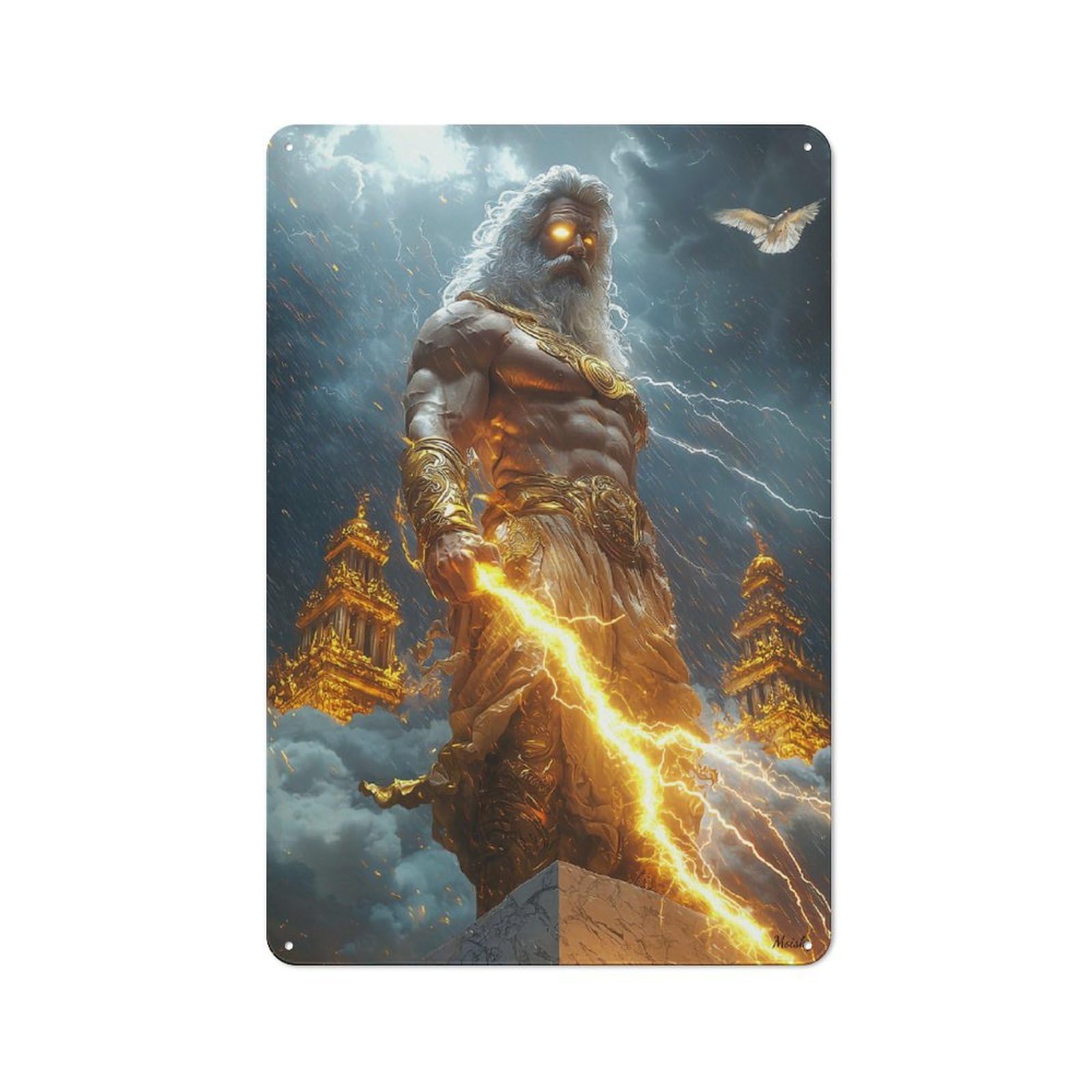 Junmoney Zeus, King Of The Skies - God Of Thunder And Divine Wrath Decorative Tin Sign 30X20cm, Old Fashioned Vintage Wall Decor For Lounge, Study, Pub Or Wall Gallery