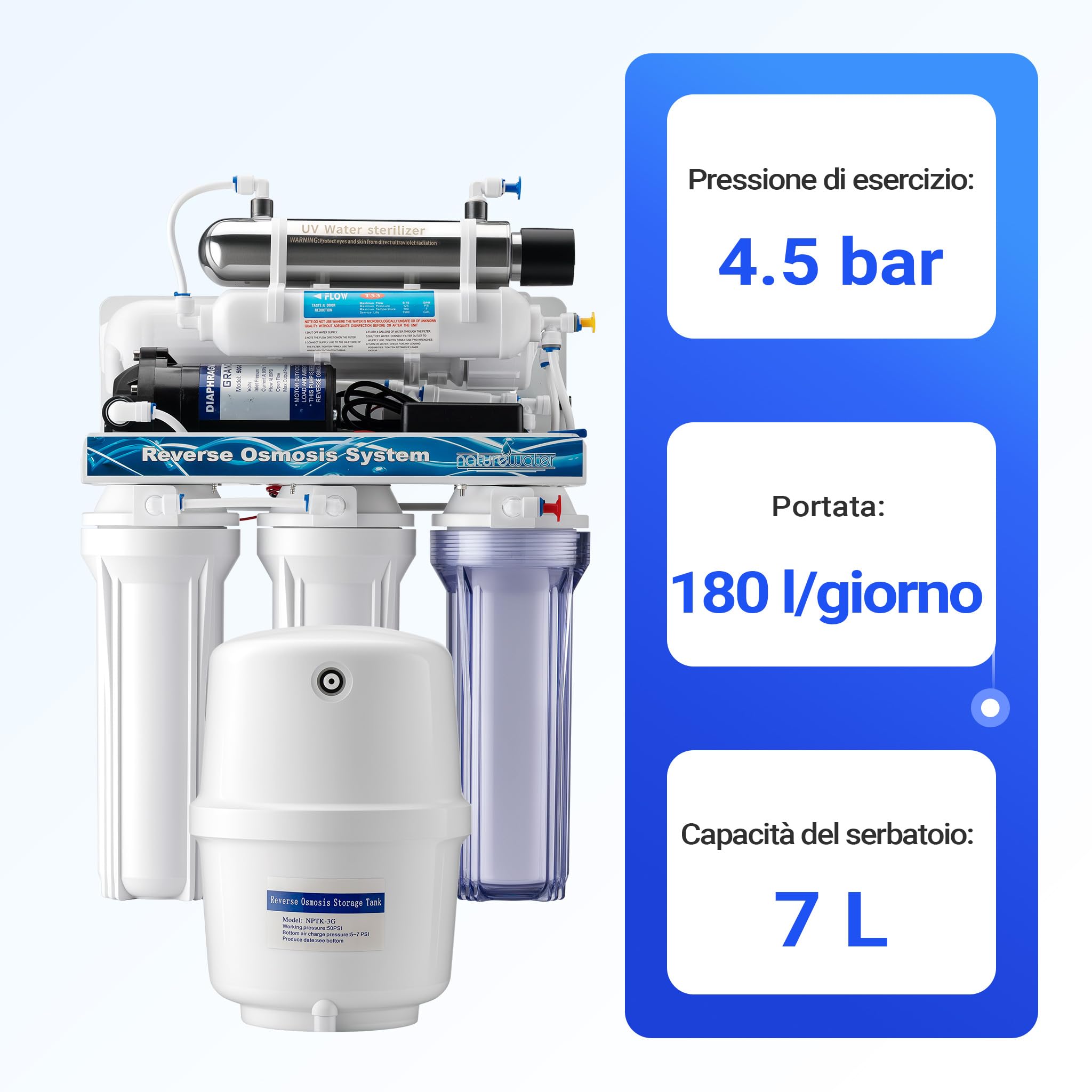 Naturewater Impianto osmosi inversa a 6 stadi 180 l/giorno con chiarificatore UV e pompa di spinta