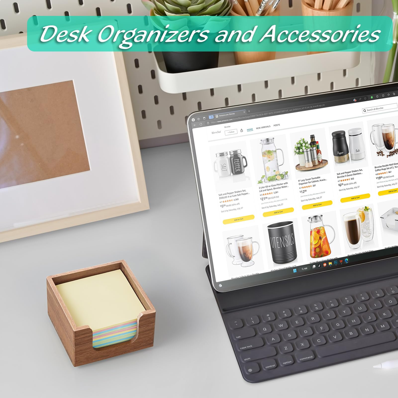 Bivvclaz Acacia Wood Sticky Note Holder, Post It Note Dispenser for Office Desk Accessories, Self Stick Note Pad Holder, Memo Pad Holder Dispenser Organizer for School Office Desk Supplies