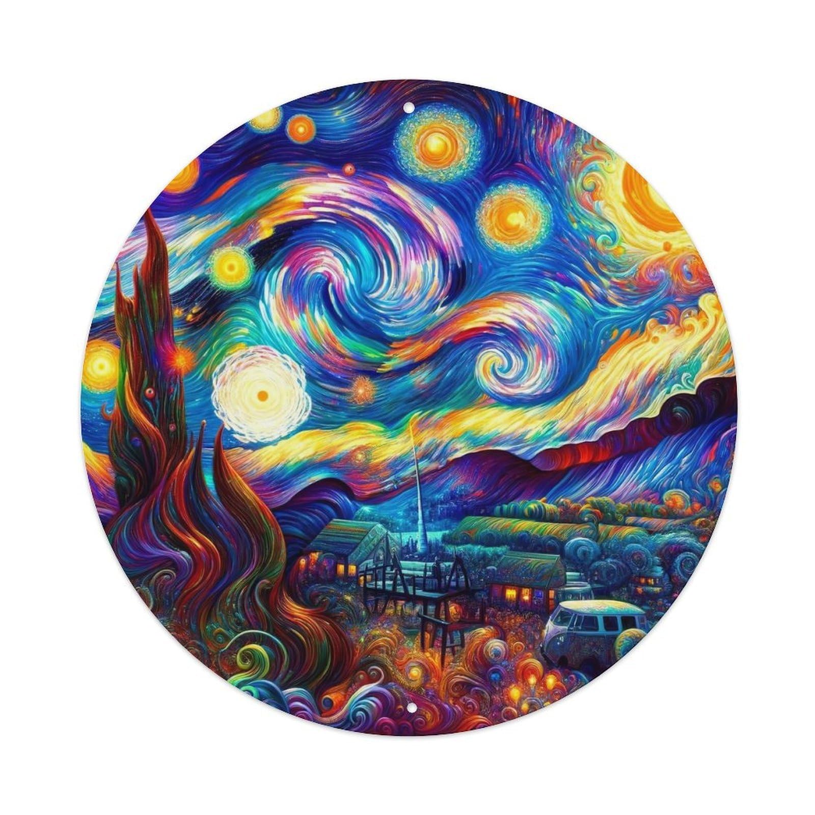 Vintage Art Starry Night Fantasy Land Vintage Metal Tin Sign Plaque Wall Decor for Cafe, Club, Garden Round Metal Poster 8x8Inch