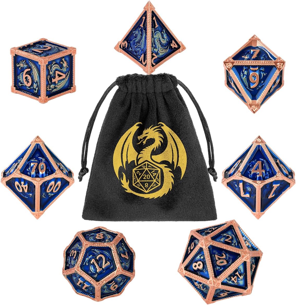 DND Metal Dragon Dice Set, 7-Piece Polyhedral Metal Dice, RPG, MTG, Role Playing Board Game Accessories, D&D Gifts with Gift Bag, D20, D12, 2 D10 (00-90 and 0-9), D8, D6 and D4, Blue