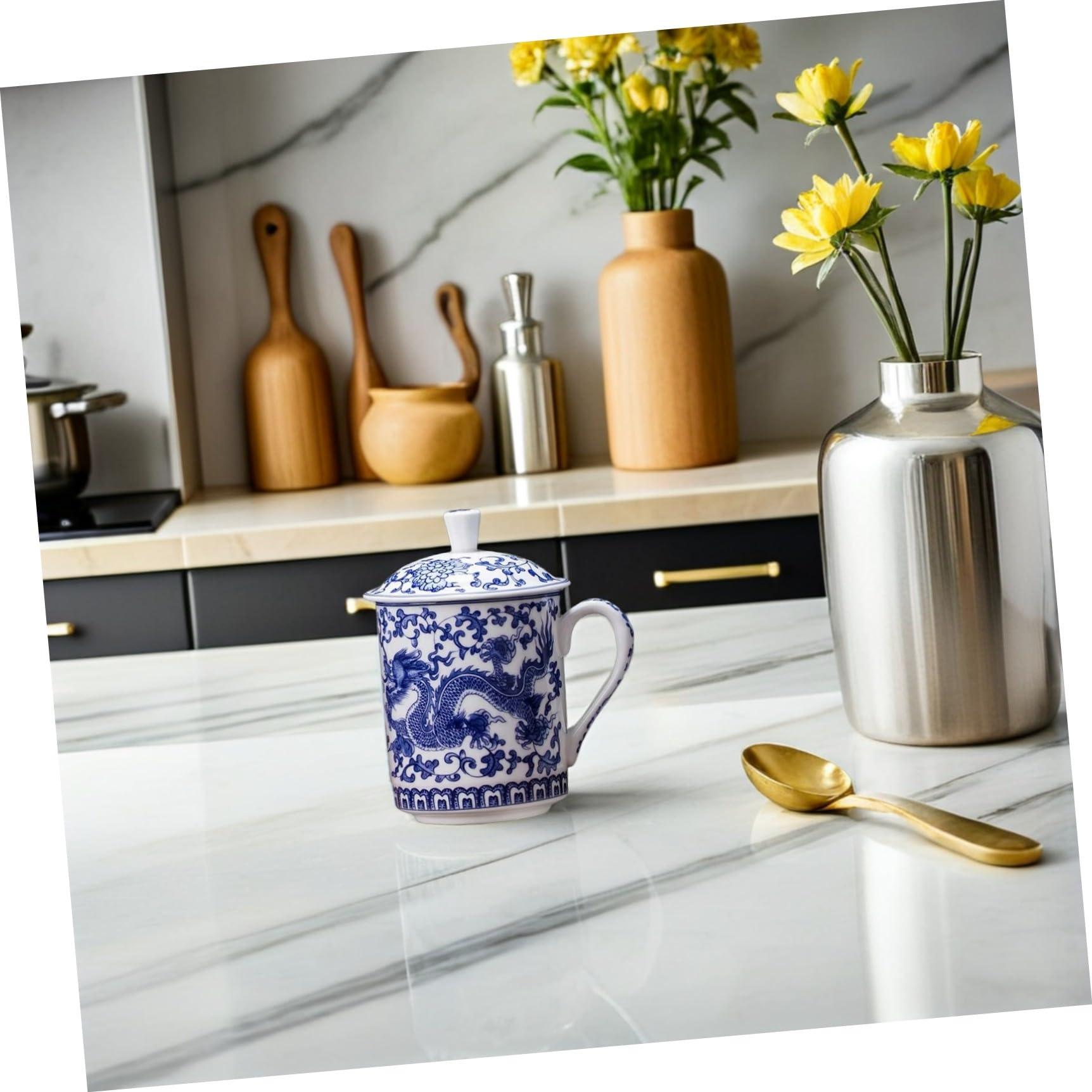 Housoutil Taza de Té de Cerámica Tapa, Gran Capacidad y Diseño Azul y Blanco, Fácil de Limpiar y Resistente a Manchas para Uso en Casa o Oficina