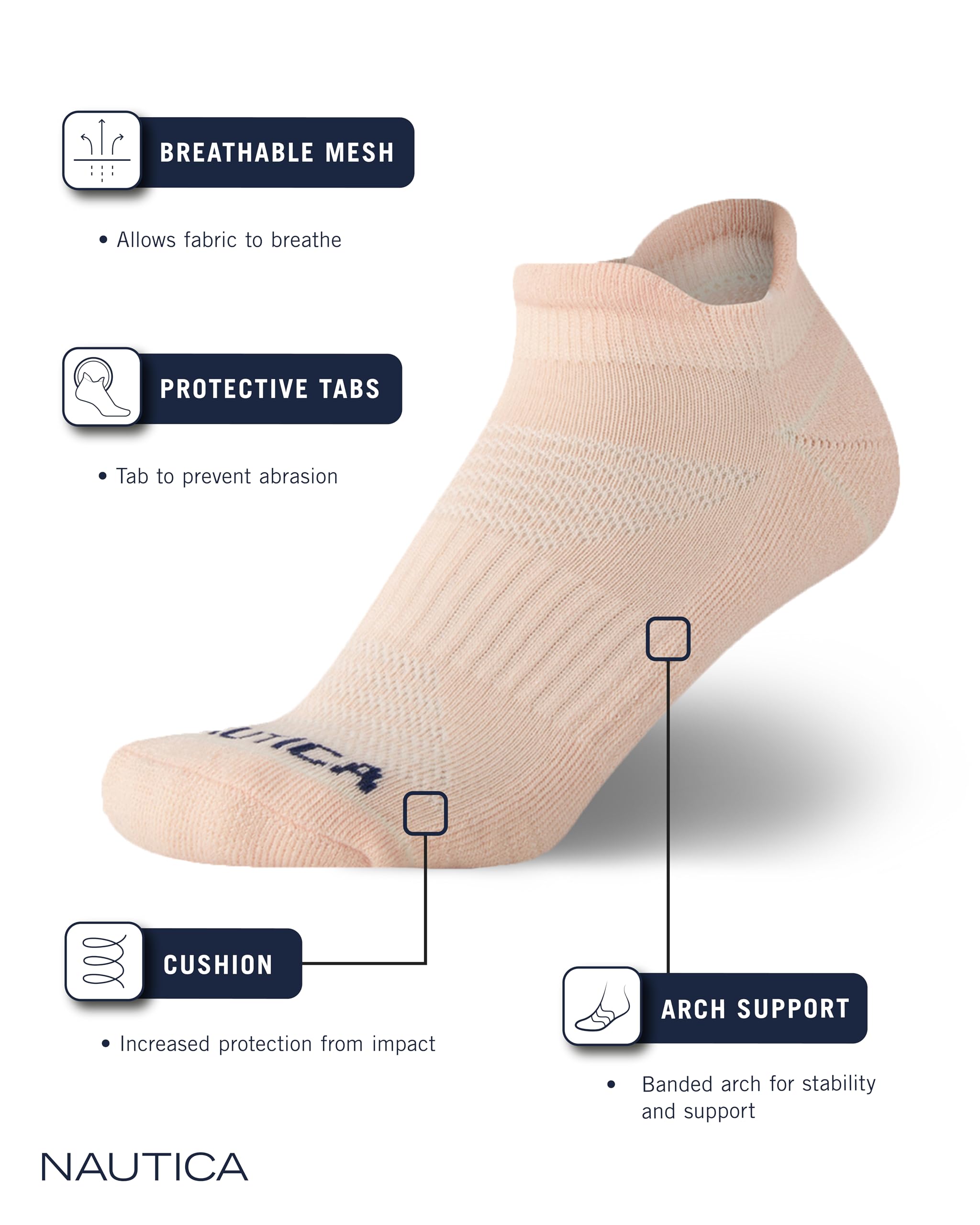 Nautica Women's Athletic Socks - 6 Pack Anti Blister Low Cut Tab Cushioned Ankle Socks - Arch Support Socks for Women (4-10), Size 4-10, Black