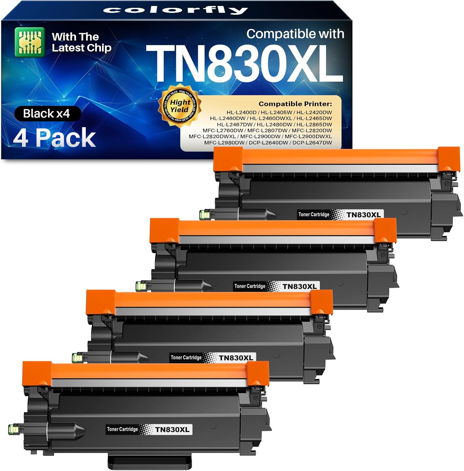 Compatible TN830XL Black Toner 4 Pack Replacement for Brother TN830XL TN-830 TN830 XL High Yield Toner Cartridge Use for HL-L2460DW DCP-L2640DW MFC-L2820DW MFC-L2900DW HL-L2480DW HL-L2400D HL-L2405W