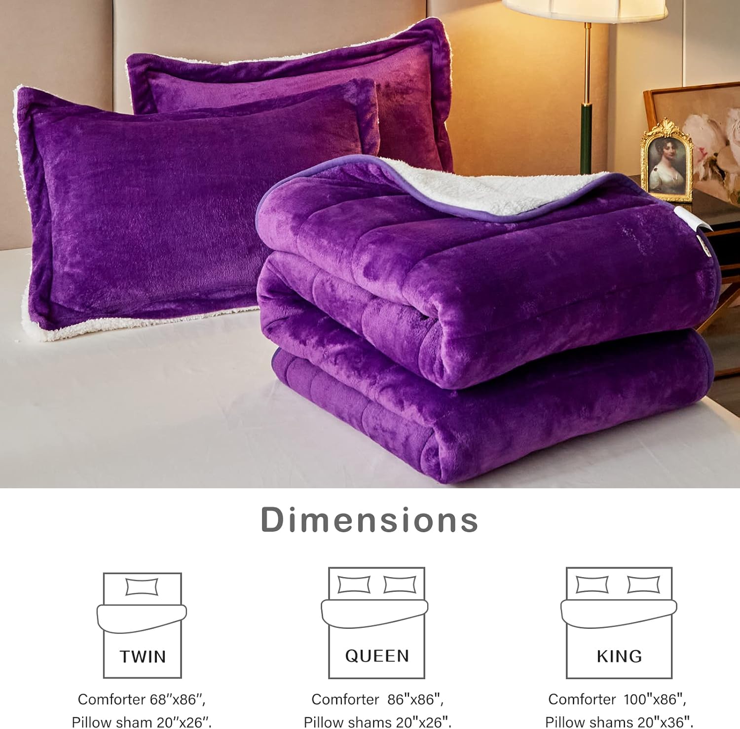 3-Layer Luxury Flannel Fleece Thick Bed Blanket Full Queen Size, Soft Plush Velvet Sherpa Blanket with 2 Pillow Shams Heavy Warm for Winter, Breathable n Washable, Purple - Image 6
