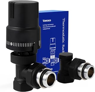 VANCOCO Válvula termostática + válvula de retorno, juego completo de 1/2", conexión de anillo de estanqueidad, válvula de radiador, válvula angular, color blanco, sensor de líquido, posición de