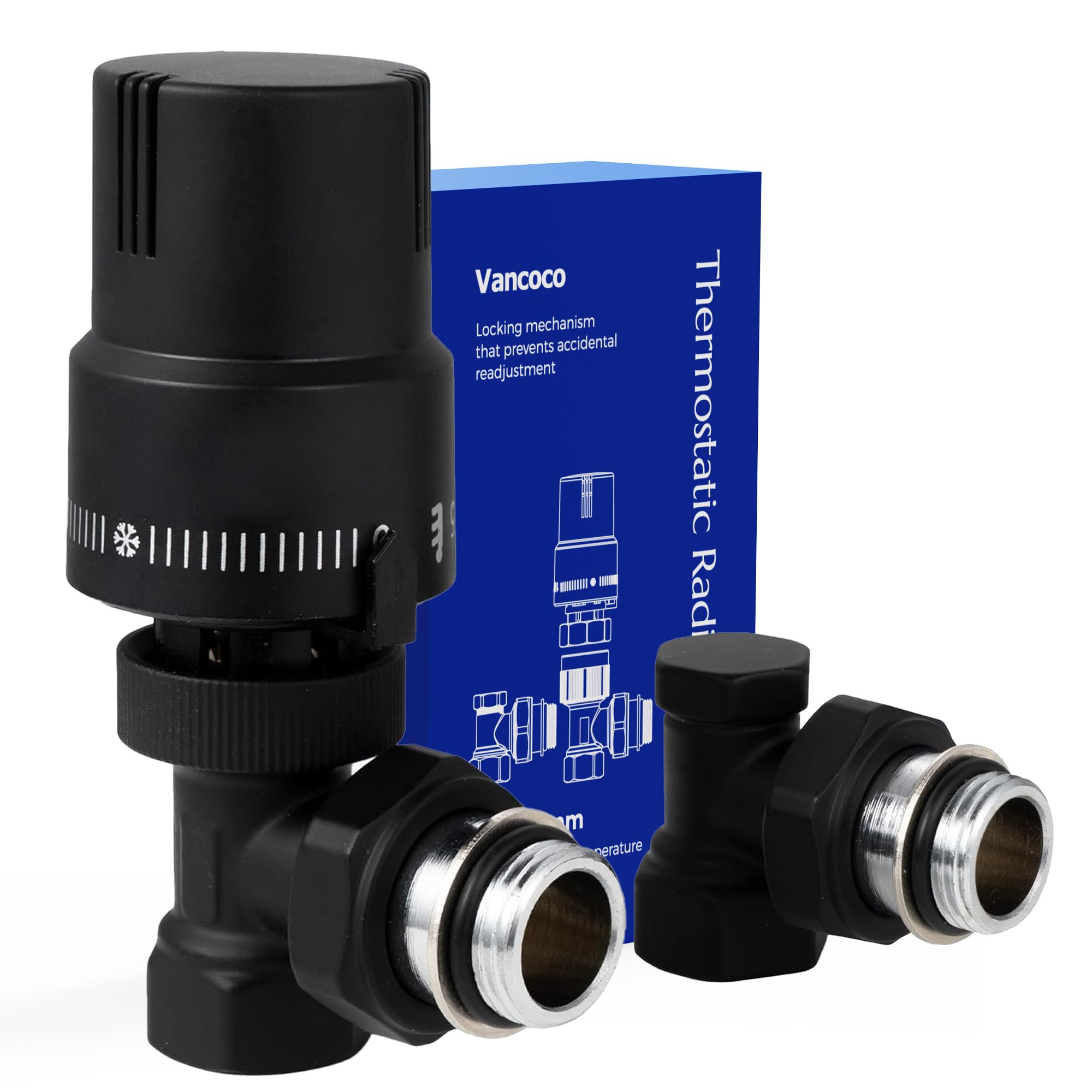 VANCOCO 1/2" Eck Vollweiß Thermostatventil + Rücklaufventil