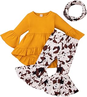 Toddler Baby Girls Ruffle Sleeve Shirt Dress Flared Bell Bottom Pants 3Pcs Fall Spring Clothes