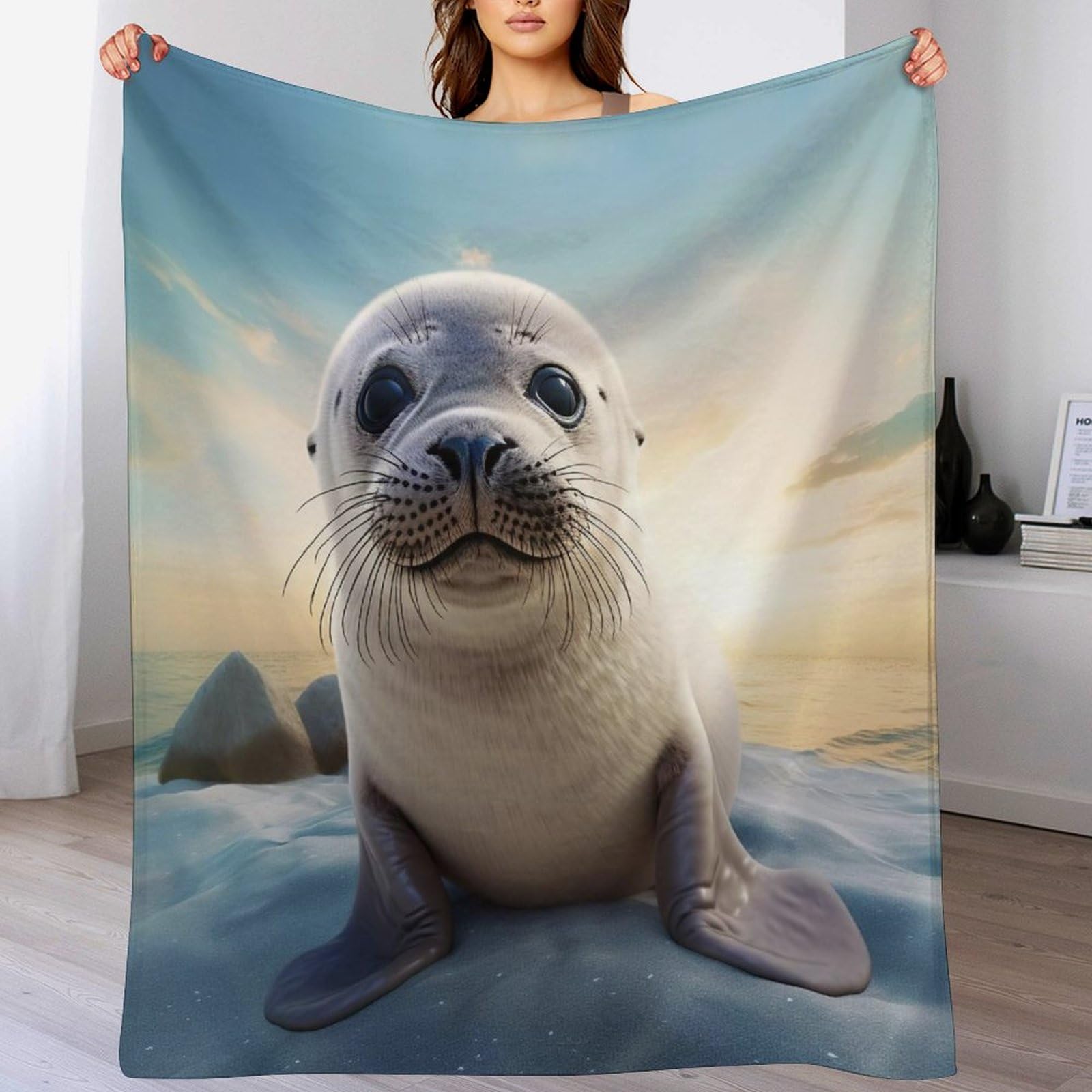 Couverture phoque en polaire de flannel légère 100x130 cm pour lit et canapé