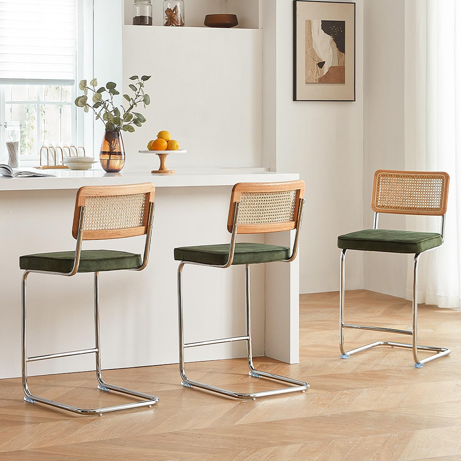 Natural Rattan Bar Stools Set of 3 with Solid Wood Back, 29 Inch Mid Century Modern Counter Height Stools, Green Upholstery Boho Stool for Kitchen Counter with Chrome Metal Legs Green 3PCS-29'' Bar Height Stool