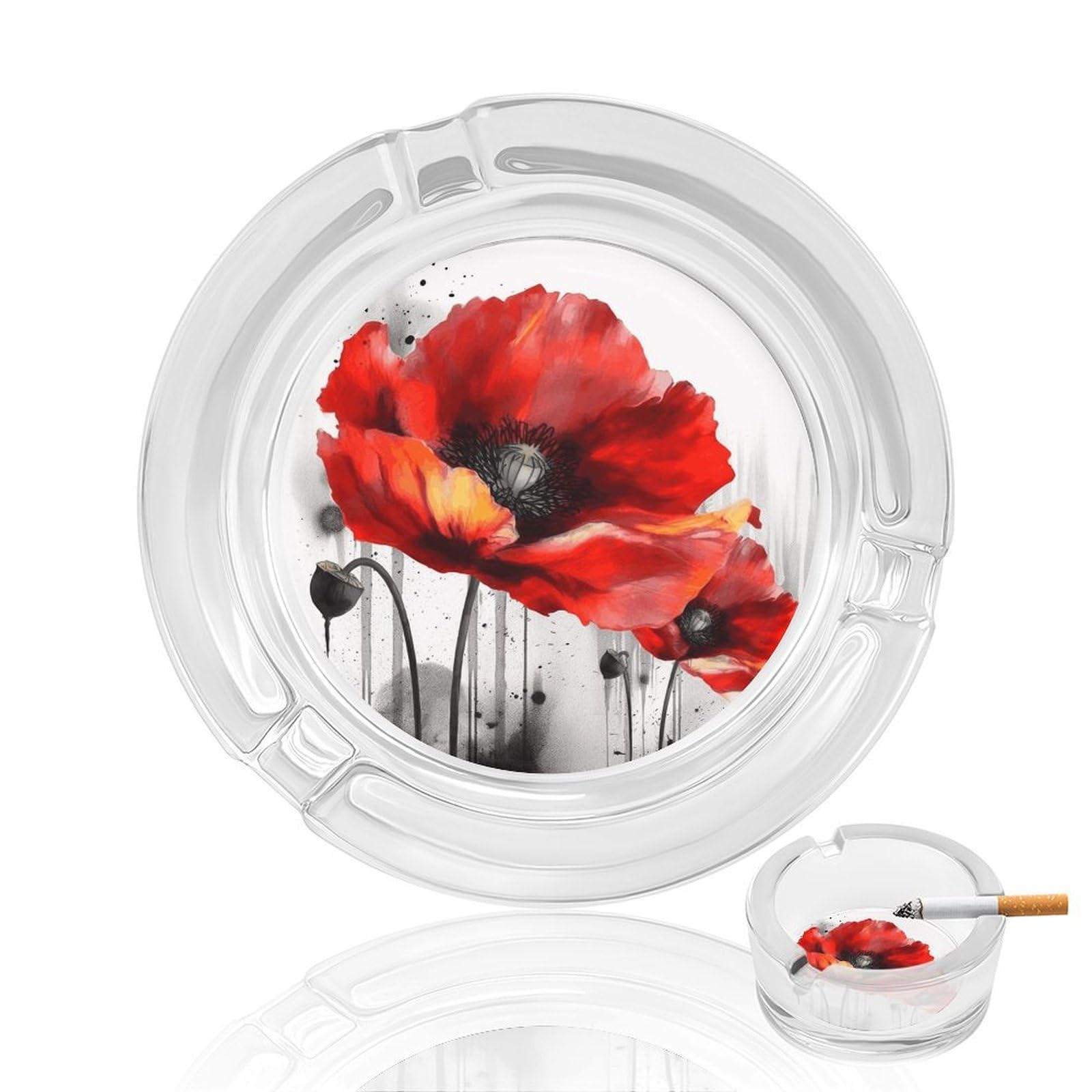 Cendrier en verre coquelicot rouge transparent à trois rainures pour table et extérieur
