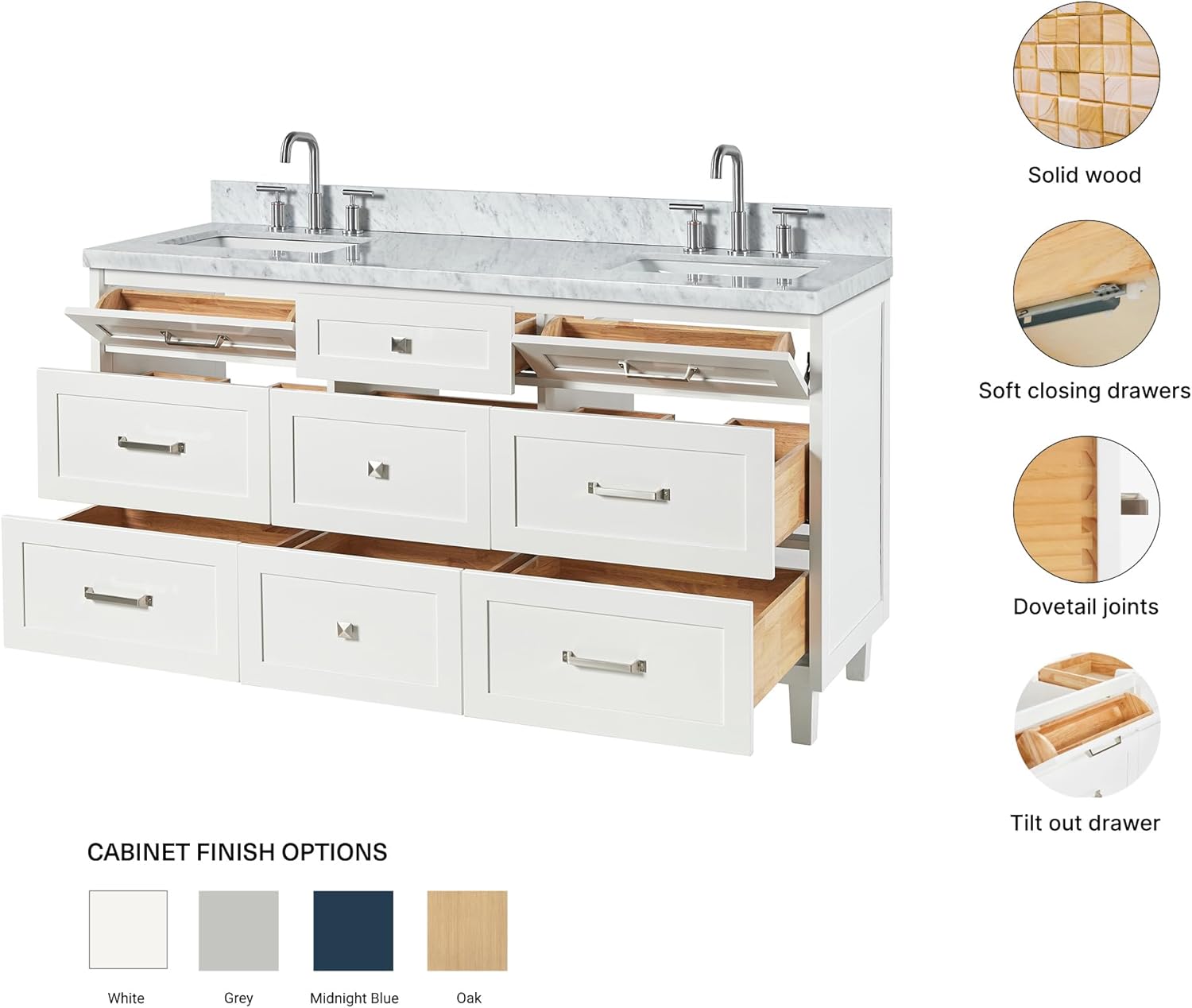 ARIEL Monroe 66-inch Bathroom Vanity with Sink,Solid Wood, 1.5-inch Italian Carrara Marble Countertop & Backsplash, Double Oval Porcelain Sink, 9 Dovetail Drawers, Brushed Nickel, White