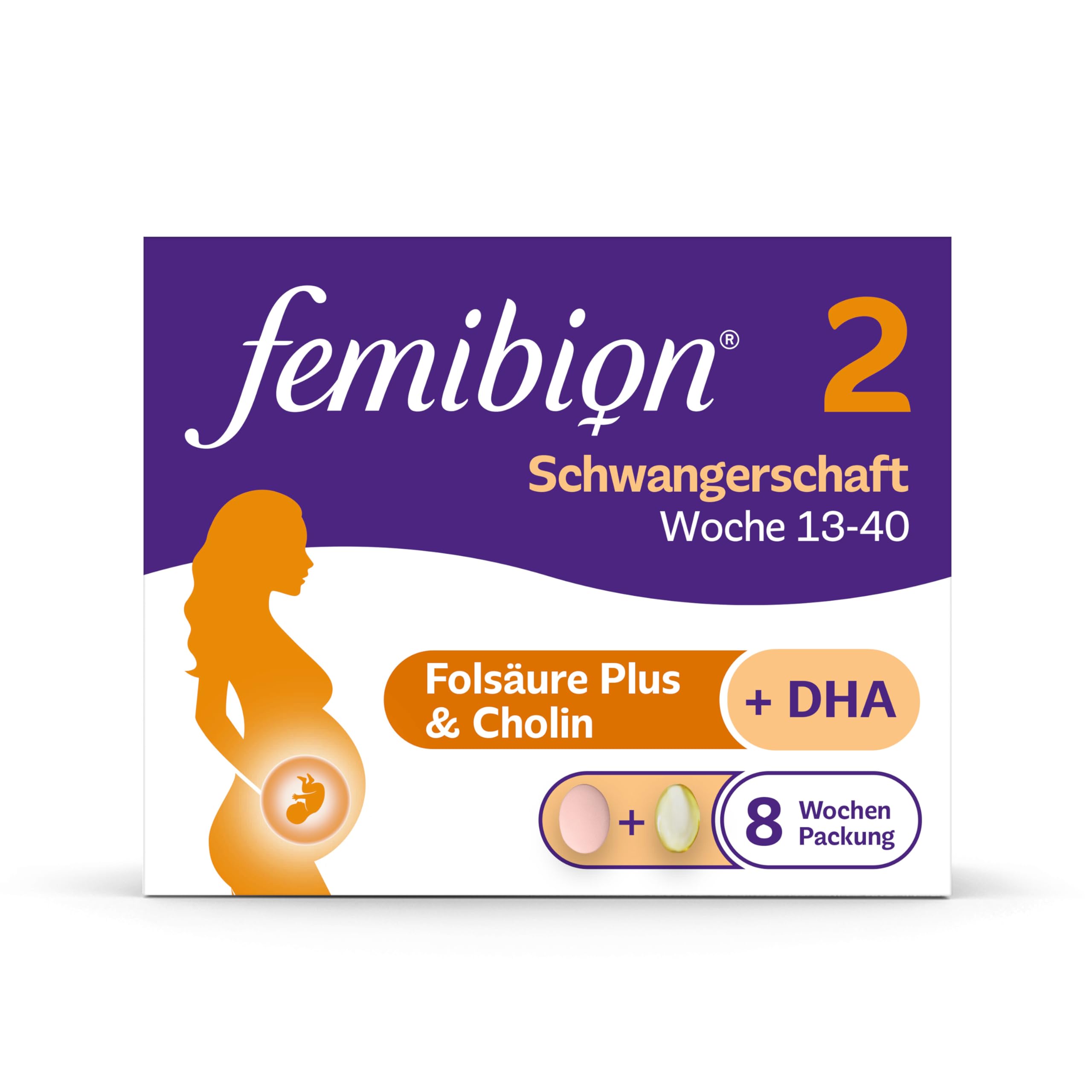 Femibion 2 Schwangerschaft, Tägliches Nahrungsergänzungsmittel für SSW 13-40, Mit Folsäure Plus(*3), Cholin, DHA, 8-Wochen-Pack, 2x 56 Stück