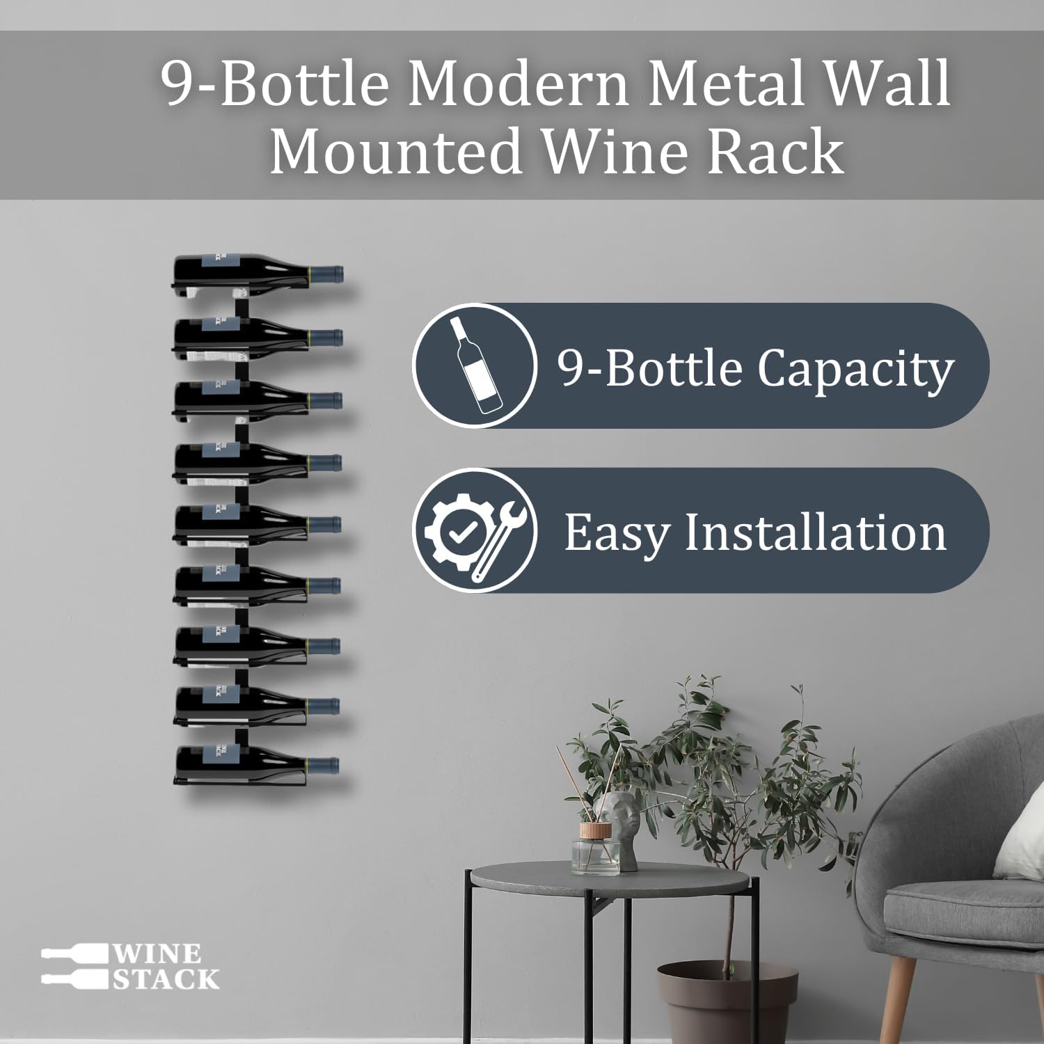 9-Bottle Black Metal Wall Mounted Wine Rack – Modern Industrial Wine Bottle Storage Organizer for Home Bar, Kitchen, Dining Area & Wine Cellar