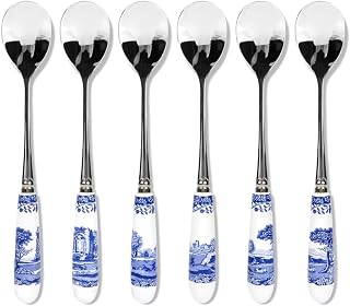 Blue Italian Tea and Dessert Spoons - Set of 6 Porcelain Handle Stainless Steel Utensils - 6 Inch Flatware for Afternoon Tea, Cake, Entertaining Essentials for the Table
