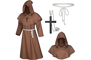 Medieval Renaissance Monk Friar Priest Wizard Cloak Hooded Robe Cosplay Belt Necklace Set