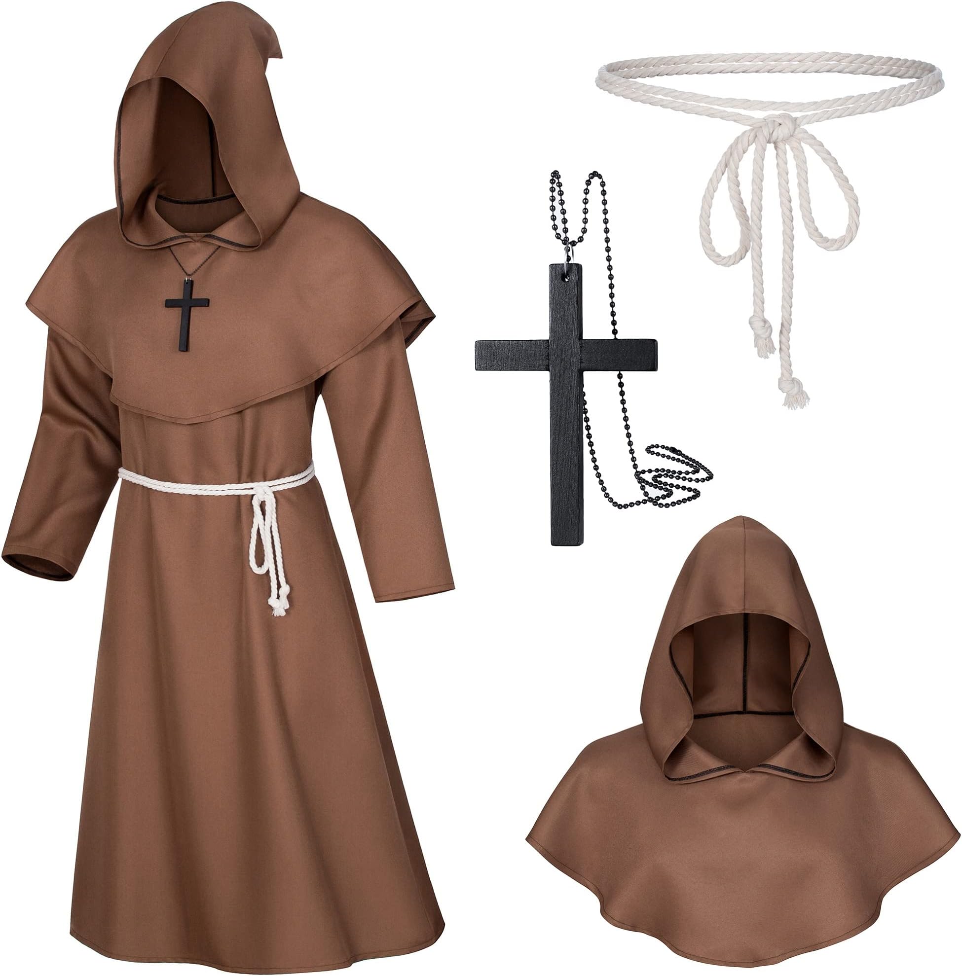 Medieval Renaissance Monk Friar Priest Wizard Cloak Hooded Robe Cosplay Belt Necklace Set