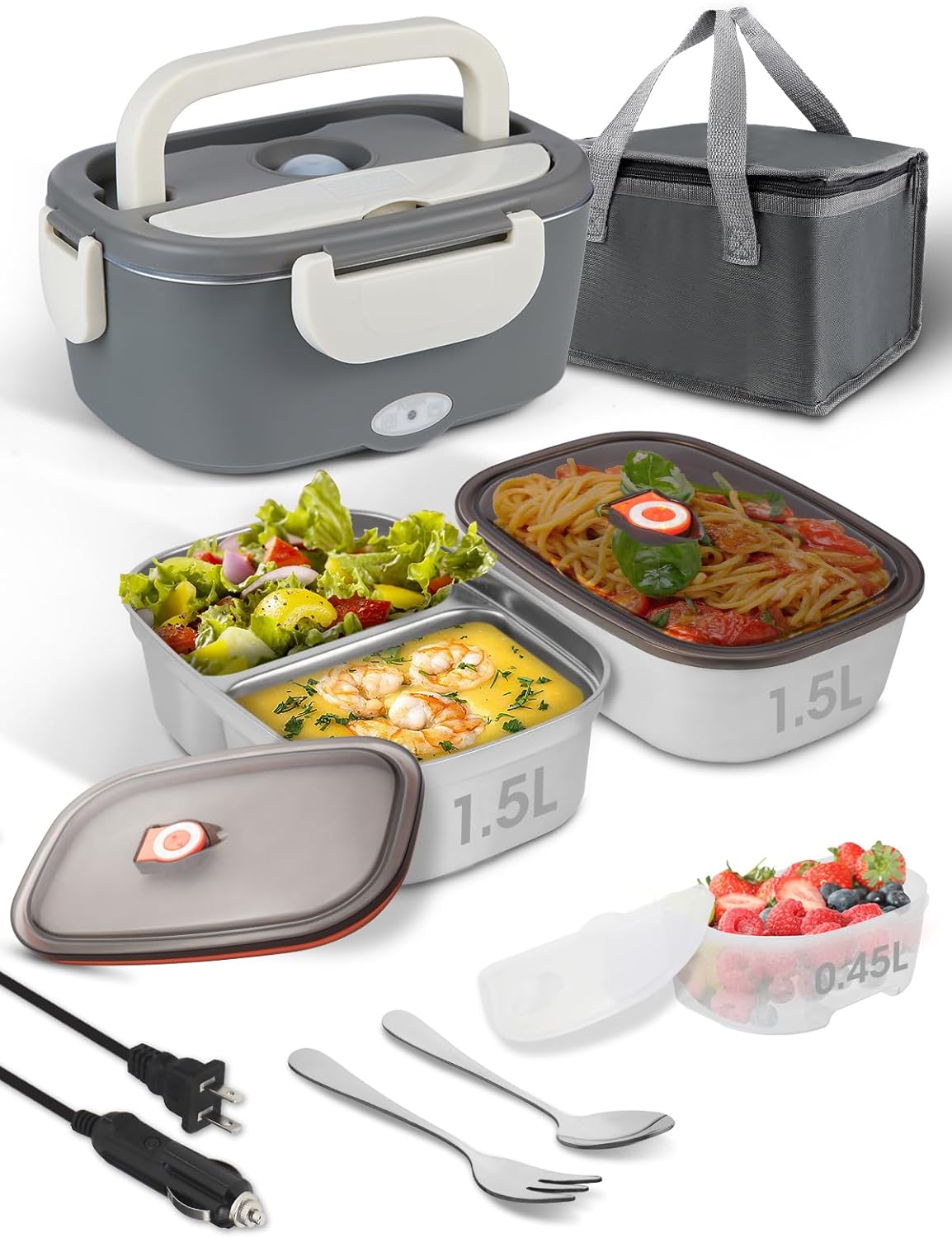 Electric Lunch Box Food Heater, 80W Heated Lunch Box for Adults, 12V 24V 110V Portable Food Warmer LunchBox for Car Truck Work with Removable 304 Stainless Steel Container White