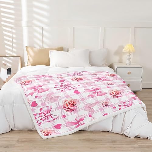 Miniatura 2 de Manta de franela con lazo de princesa, romántica con lazos rosados, mariposas, rosas, flores, manta de vellón para decoración del hogar, sofá, sofá,