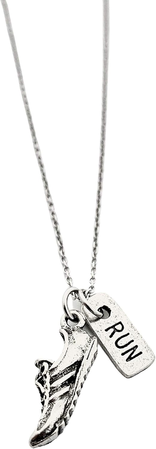 Pewter RUN Rectangle Necklace - Running Shoe Charm and Pewter RUN Rectangle Charm on 18 inch Stainless Steel Cable Chain - Image 8