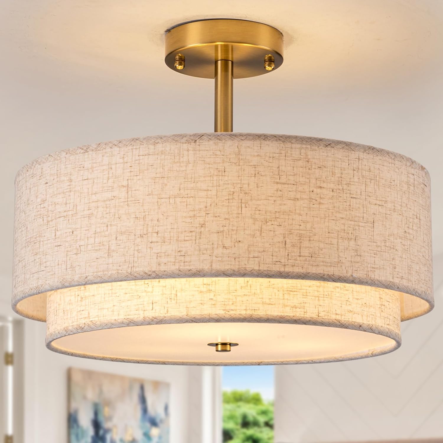 16" Semi Flush Mount Ceiling Light Fixture,Modern Close to Ceiling Light, 3-Lights Gold Drum Ceiling Light with Linen Fabric Shade for Bedroom Living Dining Room Hallway Entryway Foyer