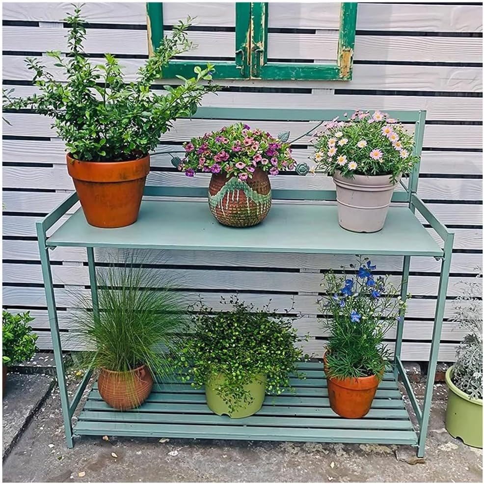 Outdoor Potting Bench with 2- Tier Patio Metal Potting Table Open Shelf, Garden Work Station Table for Planting 126.5x45x115.5cm,White
