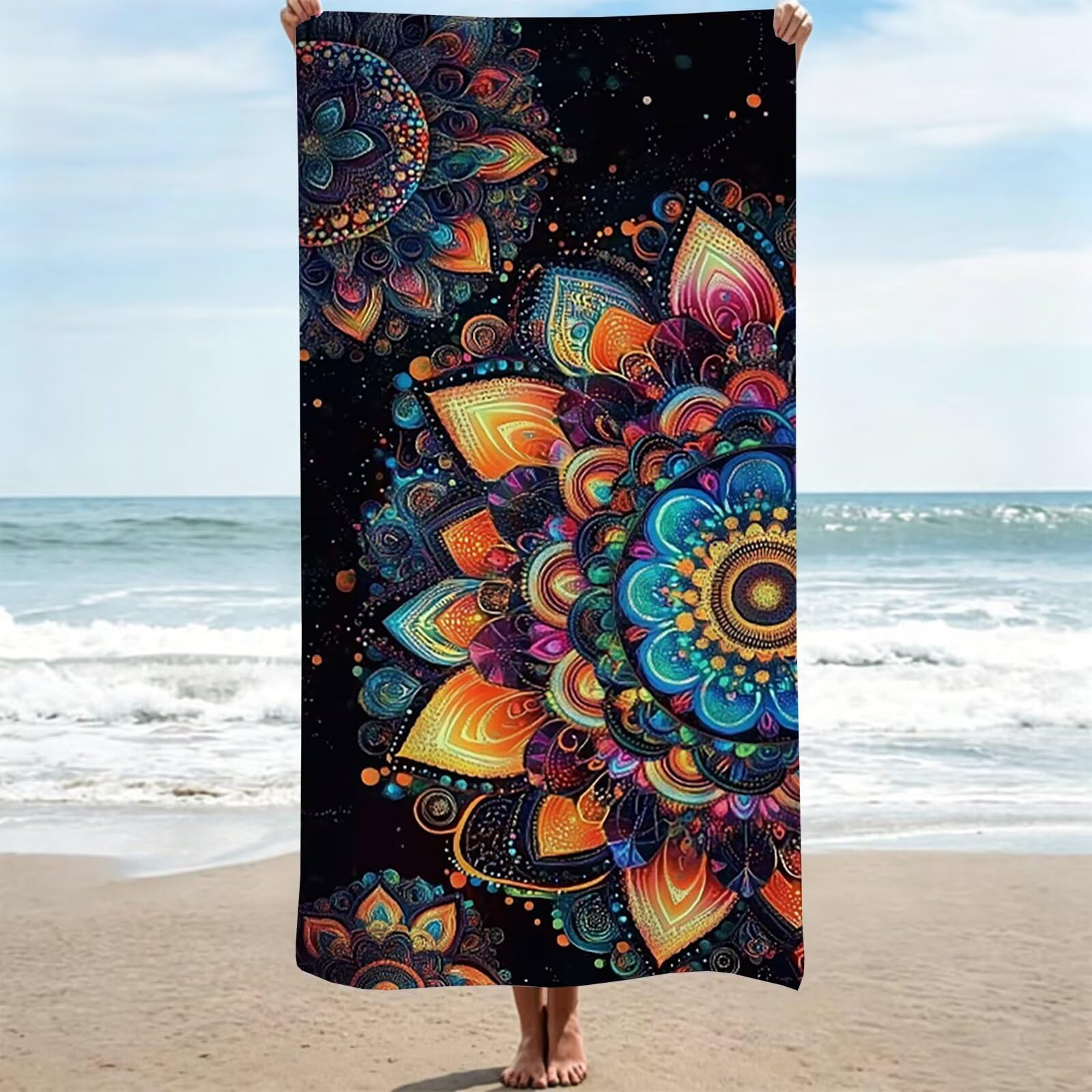 Telo Mare Microfibra - Telo Mare Grande 100x220 cm - Ultra Leggero - Asciugatura Rapida | Asciugamano Mare Donna e Uomo: Facile da Pulir - nero, per Spiaggia, Piscina, Viaggio, Mandala (2) 0J-176