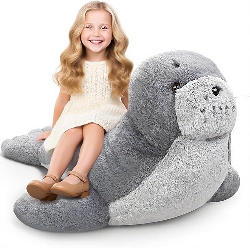 Poen Peluche de foca gigante de 39 pulgadas, grande, grande, suave, tierno, color gris, adorable almohada grande, regalo para niños, compañero de