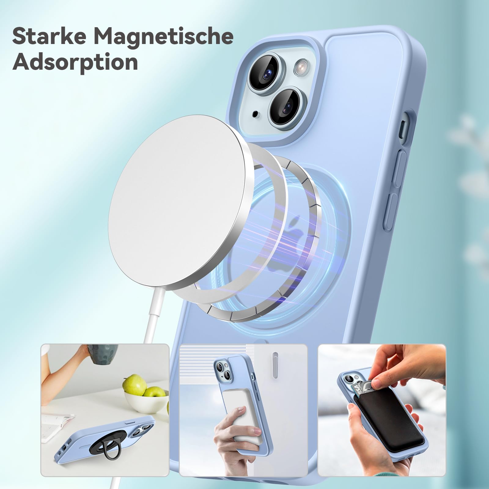 Opkiegrn Cover Magnetica iPhone 13/14 / 15 / 16e, Compatibile con MagSafe, Protezione Antiurto di Livello Militare, Custodia Traslucida Acrilico Posteriore Protettiva Sottile Case, Azzurro