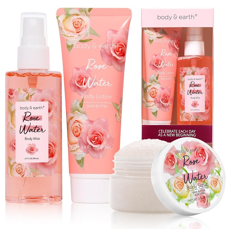 Conjunto para presente BODY & EARTH com perfume, loção corporal e esfoliante, fragrância de água de rosas