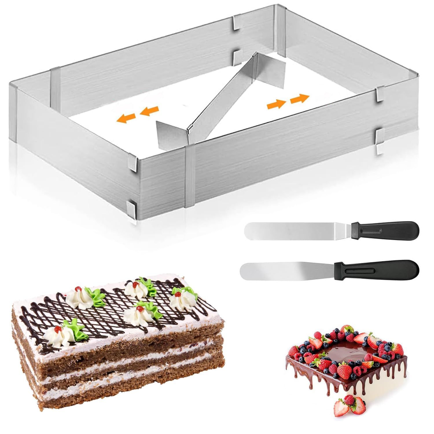 Rdddhur Backrahmen Rechteckig Verstellbar mit Teiler, Tortenring für Backblech, Spatel für Kuchen, Torten, Pizza Backen und Party Dekorieren