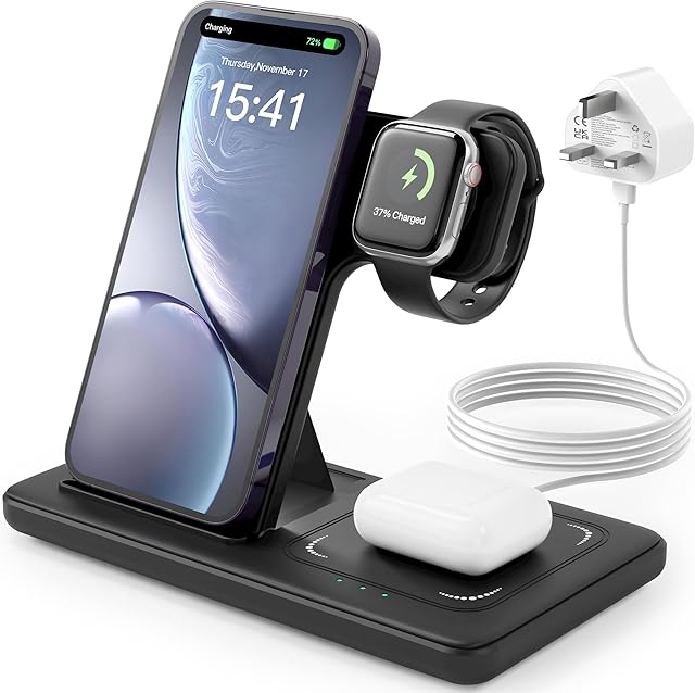 Wireless Charger, 3 in 1 Charging Station, 15W Qi Fast Foldable Magnetic Stand Dock for iPhone 15 14 13 12 11 Pro Max XS XR X 8 Plus, Apple Watch 9 8 7 6 5 4 3 2 SE, AirPods 3 2 Pro(With Adapter)