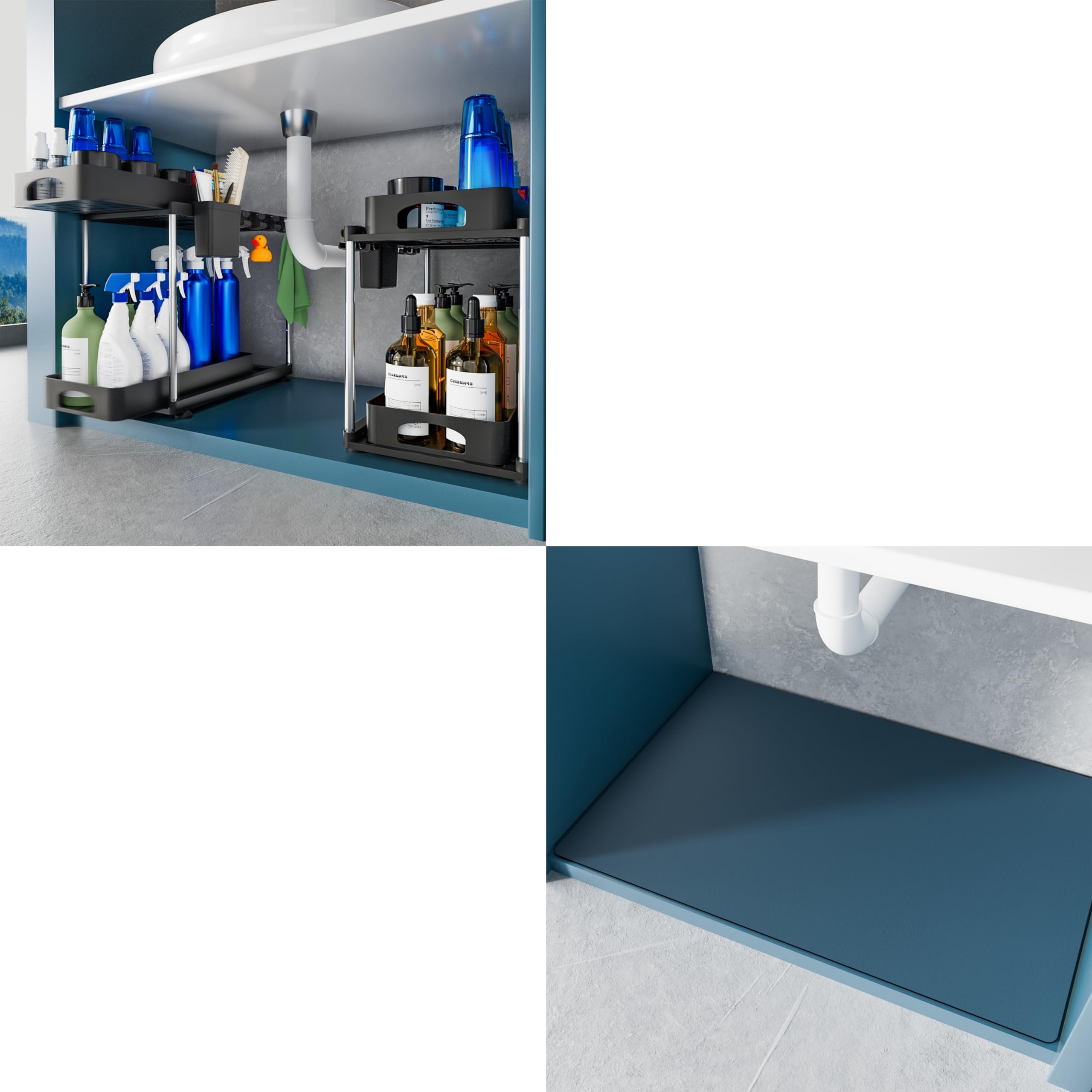 VERIFOST 2 Pack Height Adjustable Under Sink Organizers and Storage, Black, 22x34 Super Absorbent Under Sink Mat for Kitchen, Blue