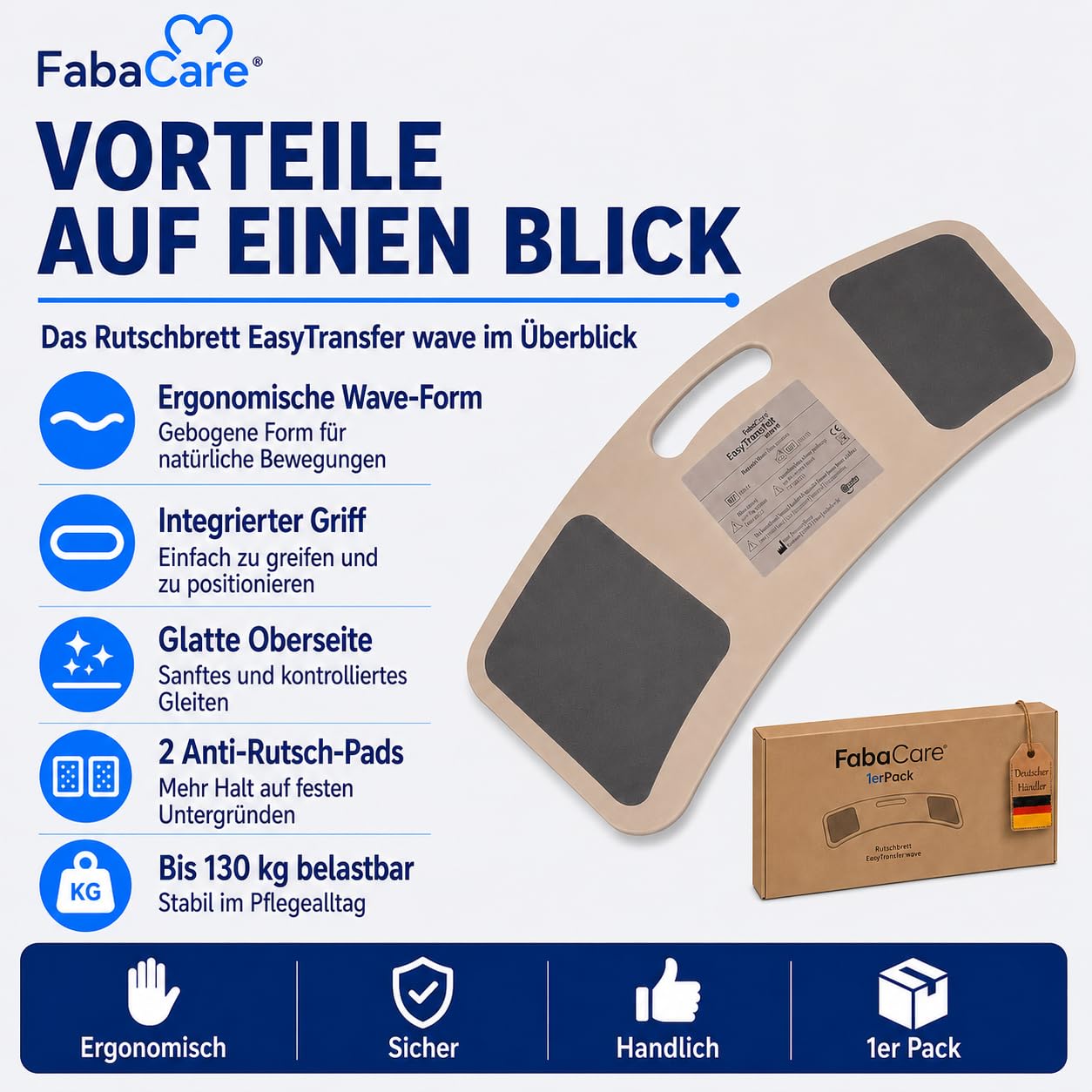 FabaCare Rutschbrett für Rollstuhlfahrer EasyTransfer wave, Rollstuhlbrett, Transferbrett, Umsetzbrett gebogen mit Griff, Transferhife vom Rollstuhl, Auto und Bett, bis 130 kg, Länge 67 cm