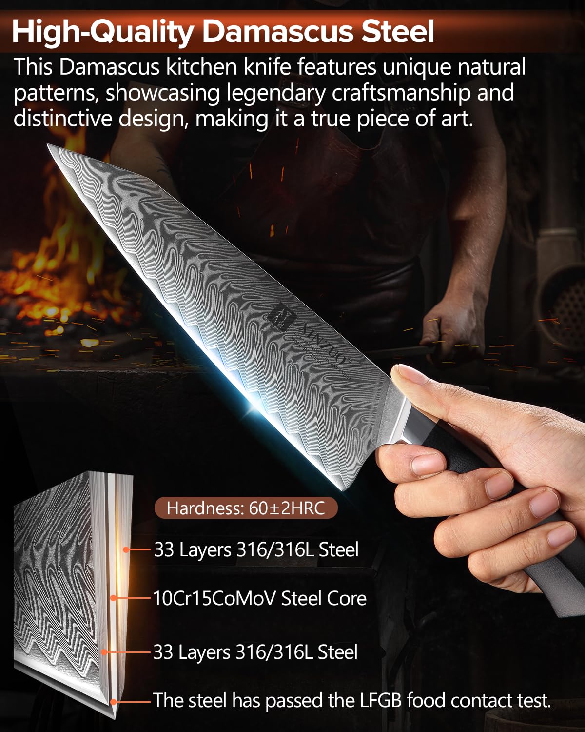 XINZUO Acero de Damasco Cuchillo Chef, 21.5cm Kiritsuke Cuchillo de Cocinero, Profesional Forjado de Gyuto Cuchillos de Cocina, Mango de Grado Militar G10, con Funda Magnética -Serie Feng