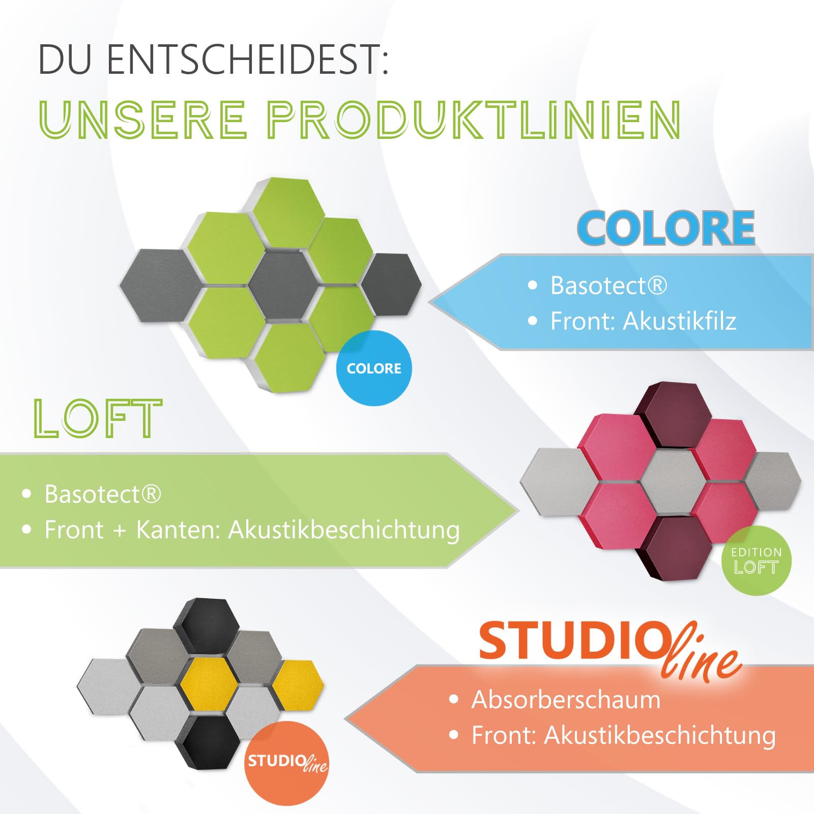 platino24 LOFT Honeycomb Schallabsorber – 9er Set – Wand & Decke – 4 Farben
