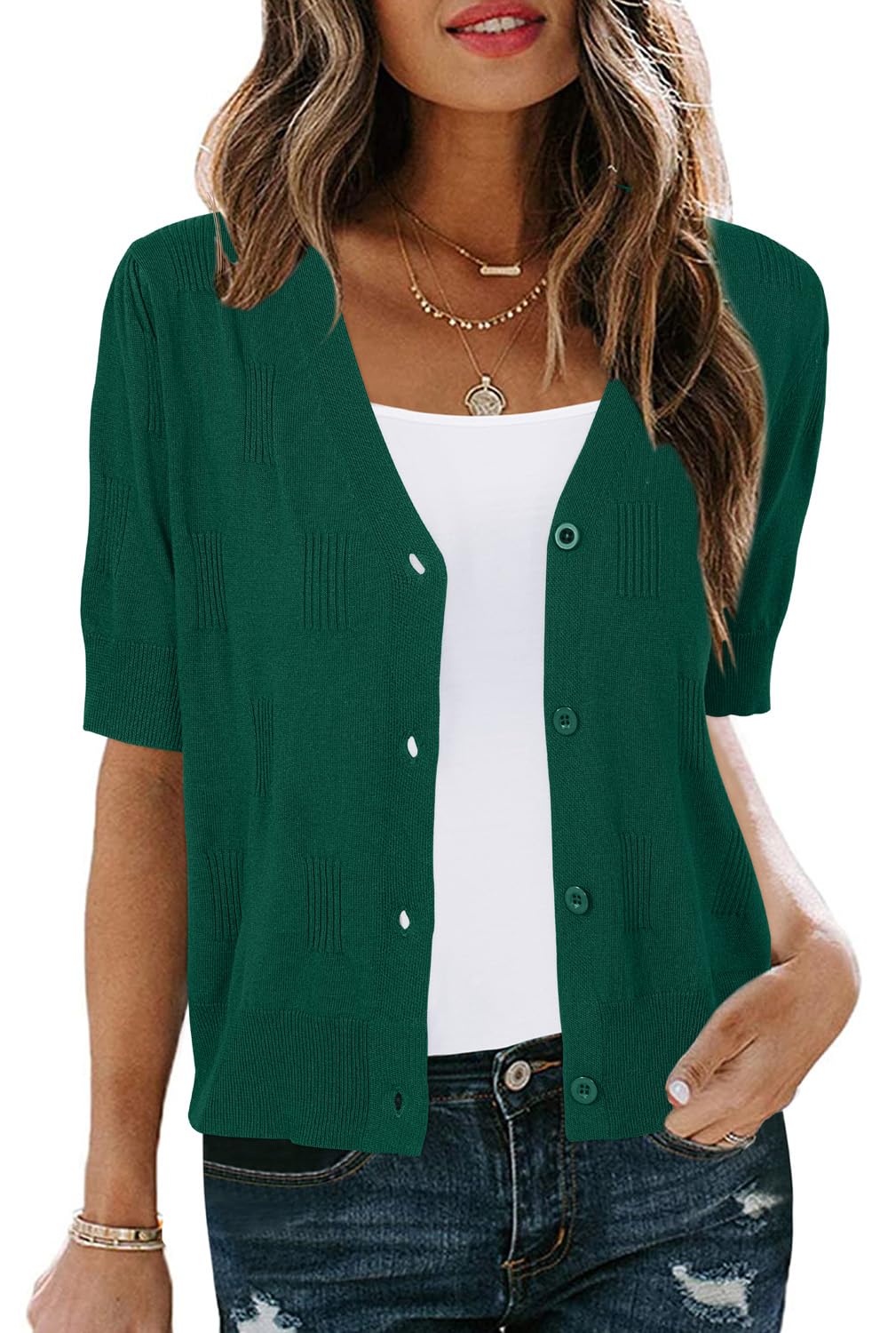 Arach&amp;Cloz Women's Lightweight Spring Summer Business Casual Cropped Short Sleeve Cardigan