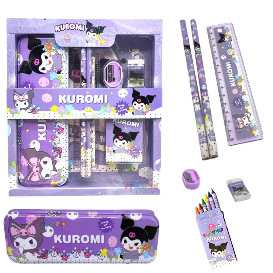Prezzie Villa 7 in 1 Kuromi School Supplies Kit with Pencil Box, Eraser, Sharpener, Ruler, Pencils, Crayons for Birthday Return Gift (B0D885B1N9) Amazon Price History, Amazon Price Tracker