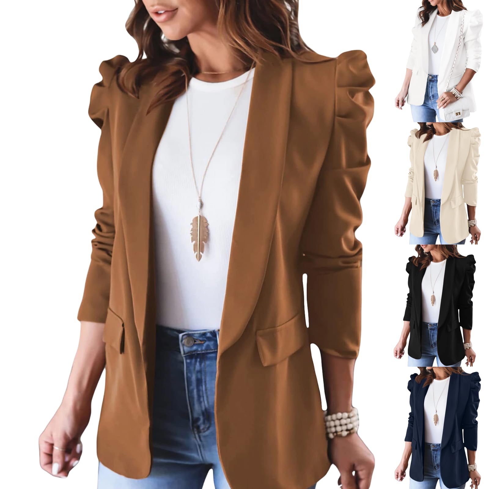 Womens Spring Fall Casual Blazers Puff Long Sleeve Lapel Open Front Blazer Work Suit Office Blazer Jackets