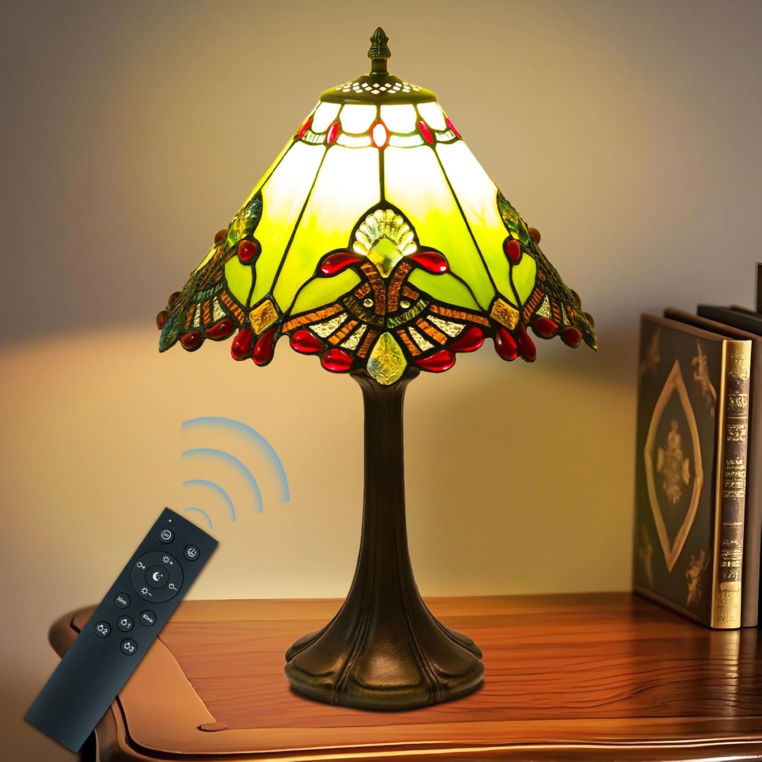 JHuiLap 12 Inch Tiffany Style Table Lamp, Baroque Stained Glass Lamp with Remote Control, Stepless Dimmable & 3 Color Temperatures, Desk Lamps for Bedroom Farmhouse Bedside Nightstand Bedside（Green