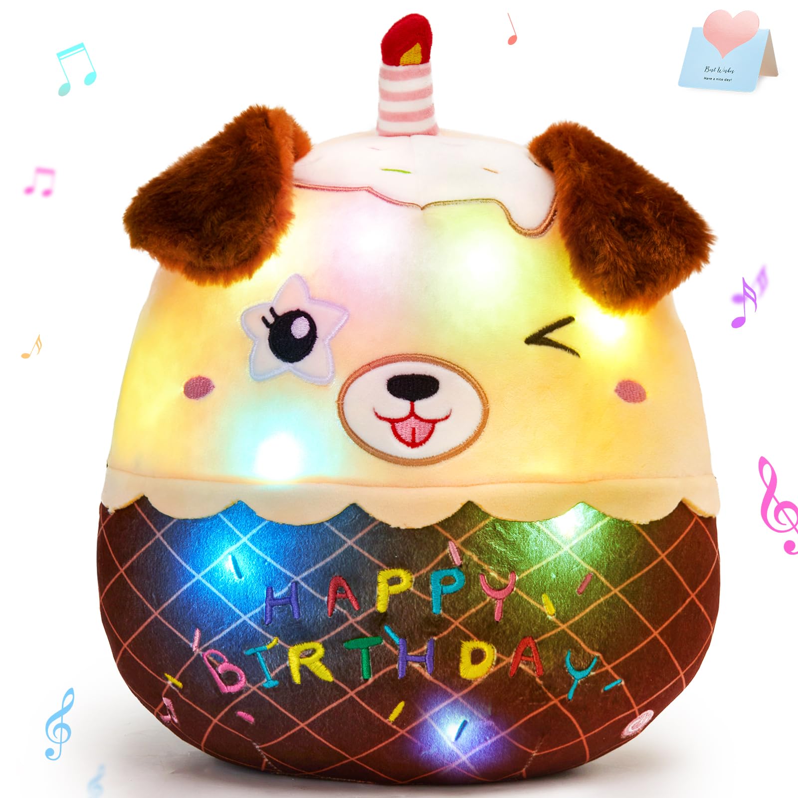 CozyWorld Light Up Music Dog Birthday Cake Plush Puppy Stuffed Animals Original Wink Dog Plushie with Colorful LED Lights Glowing Singing Happy Birthday Gift for Girl Boy 14"