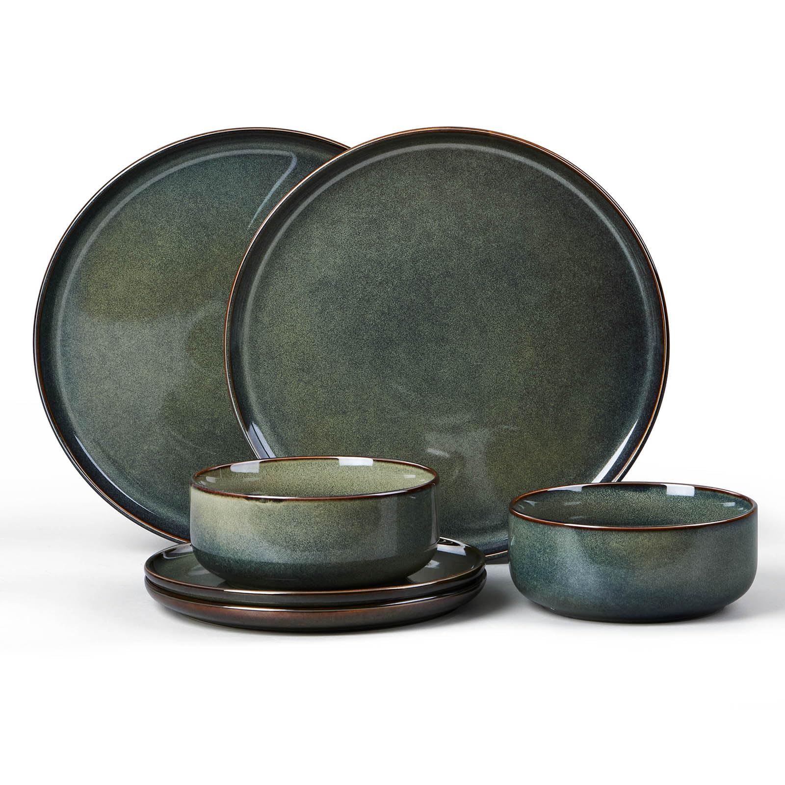 E-far 6-Piece Plates and Bowls Set, Stoneware Dinnerware Sets for 2, Ceramic Dishes Reactive Glaze Dinning Ware, Microwave & Dishwasher Safe - Obsidian Green