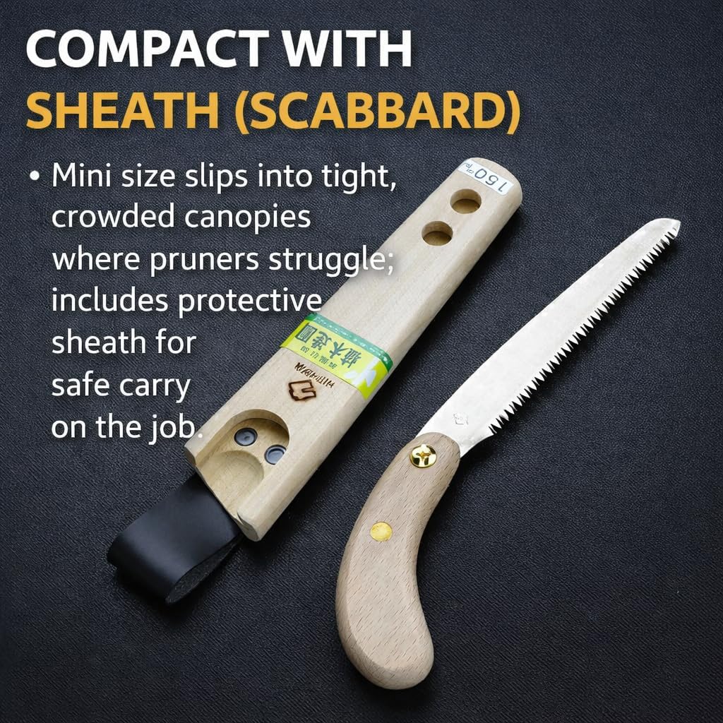 Authentic Japanese Mini Pruning Saw — Pull-Cut Crosscut Blade with Sheath; For Fruit Trees & Shrubs; Hishika, Made in JAPAN (150 mm (6 in))