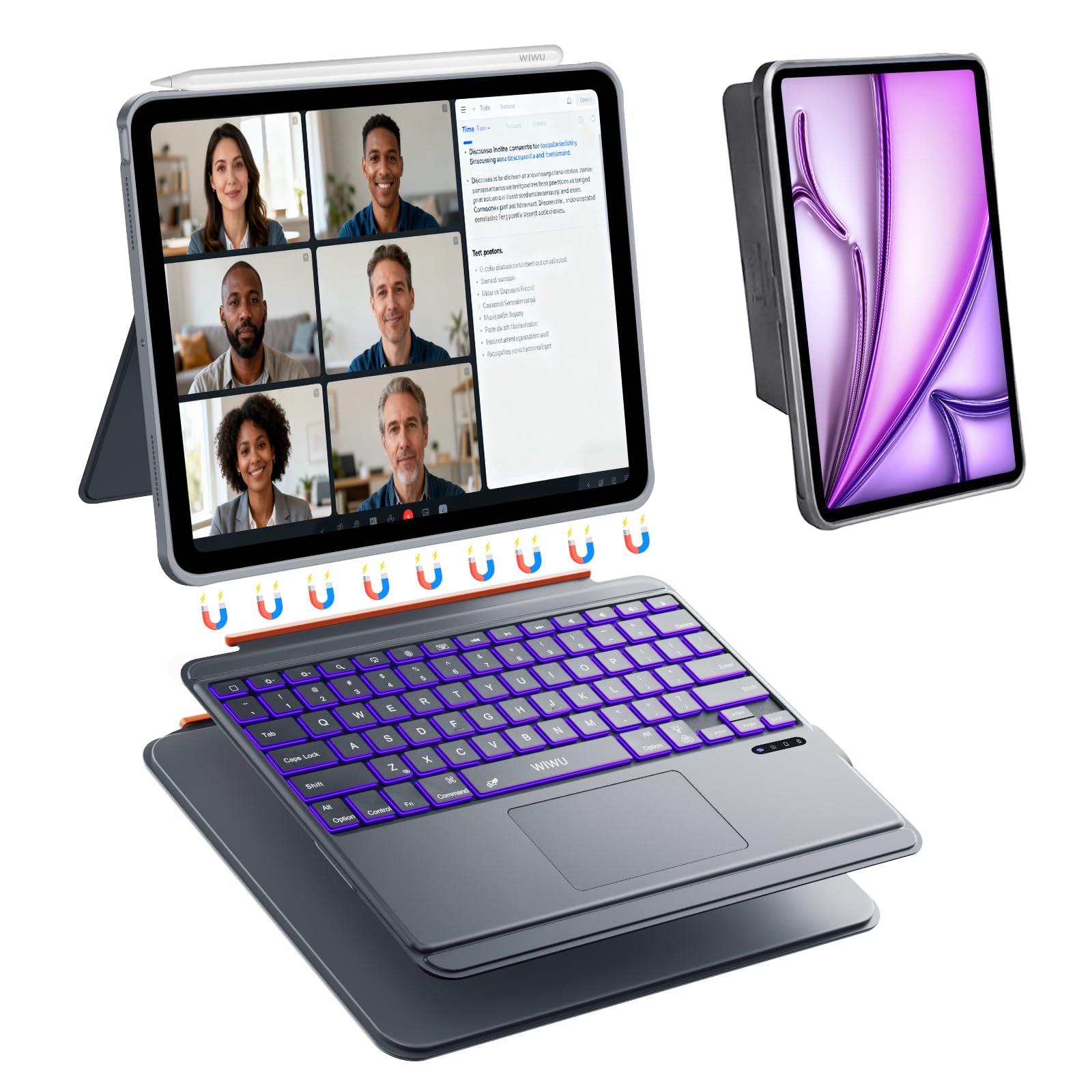 WIWU iPad Keyboard Case Air 13 M4/M3/M2 Pro 12.9 Inch 3 in 1 Magnetic Detachable Keyboard Case Adjustable Stand 7 Colours Backlit Keys with Trackpad (Grey, for Air 13"(M3/M2) Pro 12.9" 6/5/4/3)
