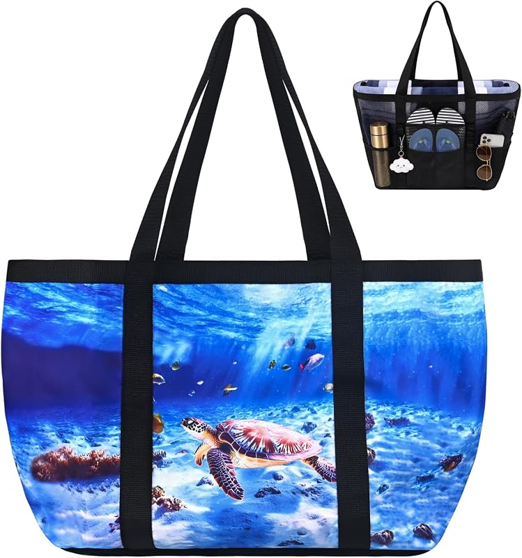 Mesh Beach Bag for Women & Men, Large Beach Bags Waterproof Sandproof | Travel Tote Bag, Swim Pool Bag for Family Outdoor,Sea Turtle Coastal Decor