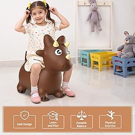 INPANY Bouncy Horse, Dinosaur Hopper Toys, Toddler Bouncing Animal, Dinosaur Party Decorations, Inflatable Ride on Rubber Triceratops Bouncer, Outdoor Cool Birthday Gift for 2 3 4 Yr Boy Girl Brown