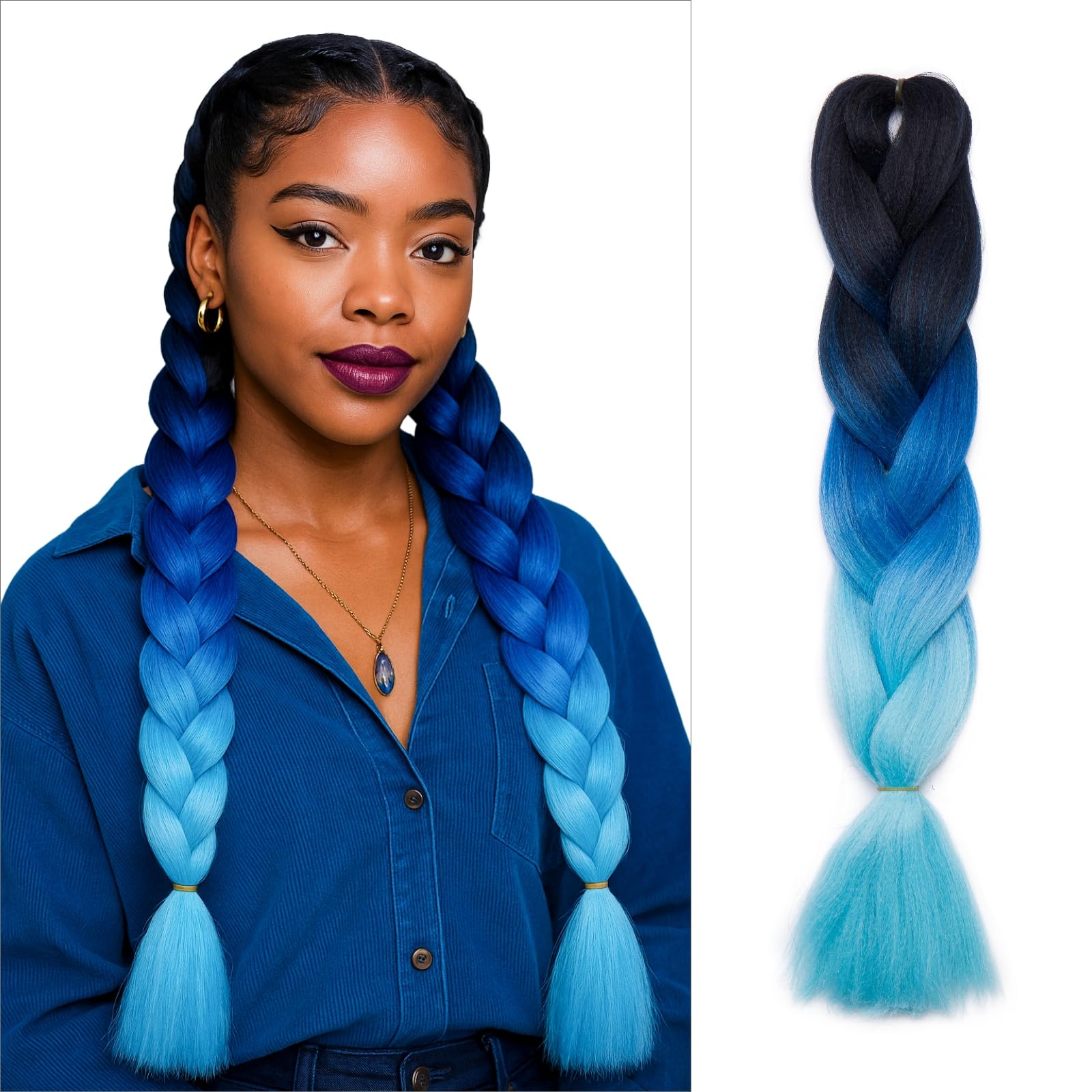 tesshair Braiding Hair Extensions 24 Inch Jumbo Braiding for Twist Braiding Synthetic Fashion Braids Extensions Hair Natural Braid Extensions for Women Grils (Black/Blue/Sky Blue