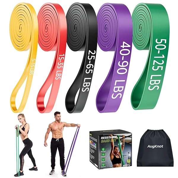AugKnot Resistance Bands for Working Out: 5-Levels Exercise Bands Set - Pull Up Assistance Elastic Silicone - Physical Therapy/Training/Stretching- Home Gym for Women and Men