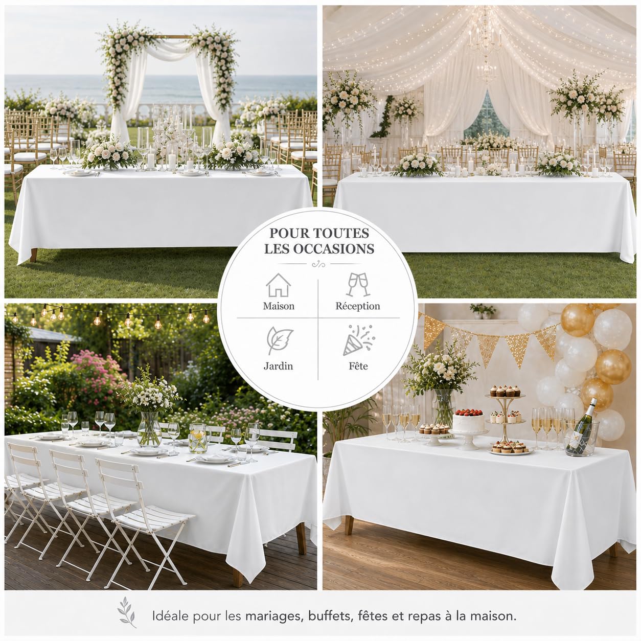 6 manteles rectangulares blancos de 229 x 335 cm, mantel de poliéster, manteles blancos para mesa rectangular impermeable, resistente a las manchas, lavable, en volumen, para bodas, buffet